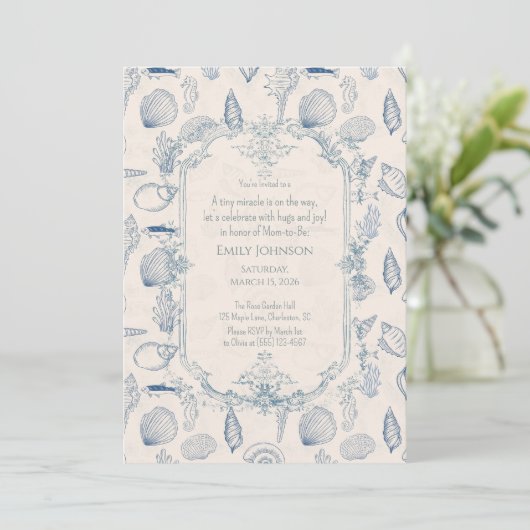 Blue toile Ocean Baby Shower Invitation 招待状 (スタンド正面)