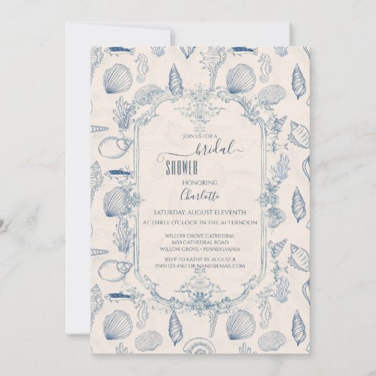 Blue toile Ocean Bridal Shower Invitation 招待状 (正面)
