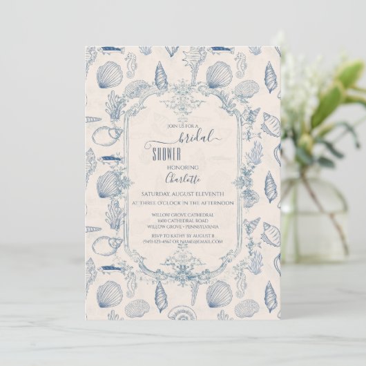 Blue toile Ocean Bridal Shower Invitation 招待状 (スタンド正面)