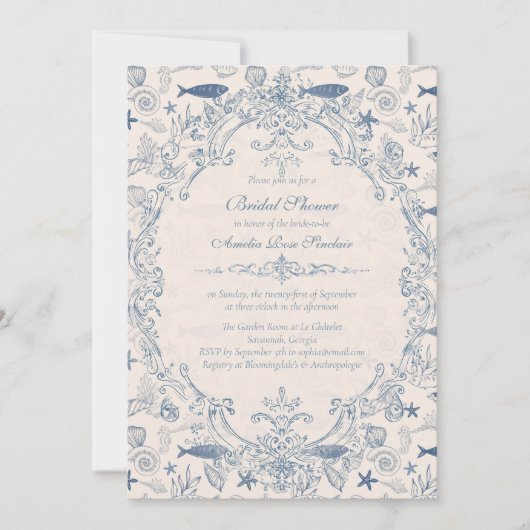 Blue toile Ocean Bridal Shower Invitation 招待状 (正面)