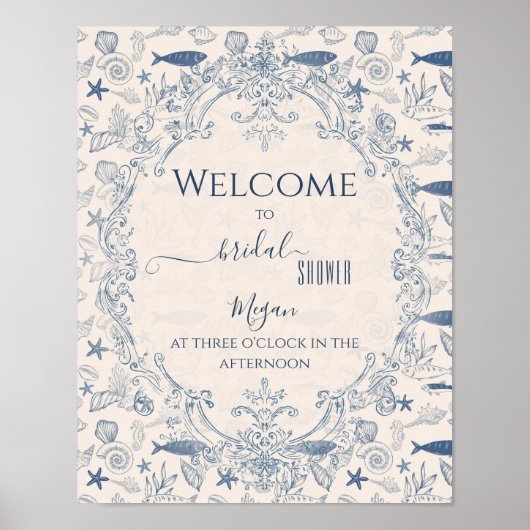 Blue toile Ocean Bridal Shower Welcome ポスター (正面)