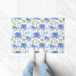 Blue Toile Palm Trees Lemons  ドアマット
