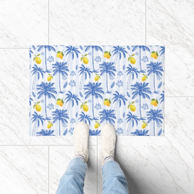 Blue Toile Palm Trees Lemons  ドアマット (室内)