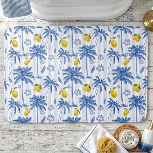 Blue Toile Palm Trees Lemons  バスマット