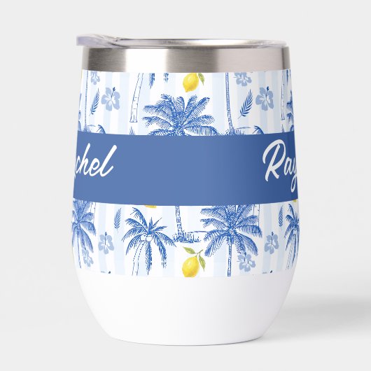 Blue Toile Palm Trees Lemons Monogram Name (右面)