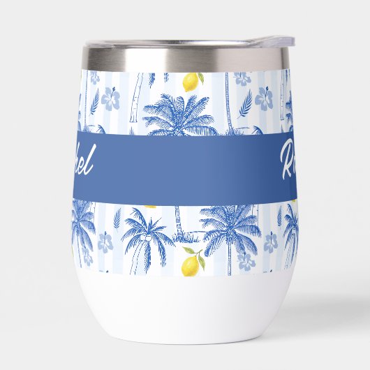 Blue Toile Palm Trees Lemons Monogram Name (左面)