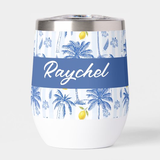 Blue Toile Palm Trees Lemons Monogram Name (正面)