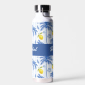 Blue Toile Palm Trees Lemons Monogram Name ウォーターボトル (左面)