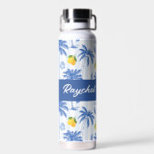 Blue Toile Palm Trees Lemons Monogram Name ウォーターボトル (背面)
