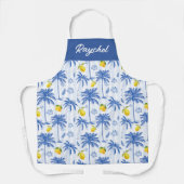 Blue Toile Palm Trees Lemons Monogram Name エプロン (正面)