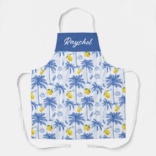 Blue Toile Palm Trees Lemons Monogram Name エプロン (正面)