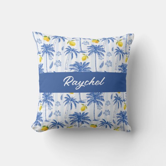 Blue Toile Palm Trees Lemons Monogram Name クッション (正面)