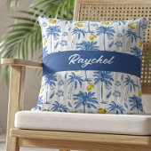 Blue Toile Palm Trees Lemons Monogram Name クッション