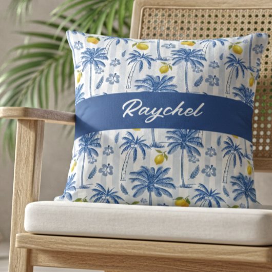 Blue Toile Palm Trees Lemons Monogram Name クッション