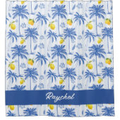 Blue Toile Palm Trees Lemons Monogram Name シャワーカーテン (正面)