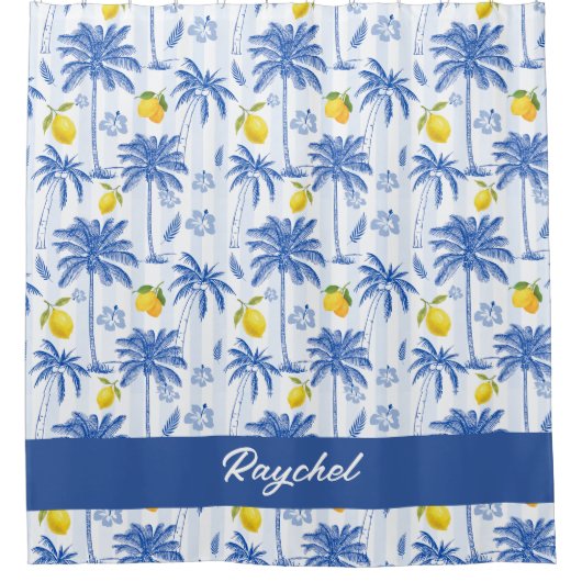 Blue Toile Palm Trees Lemons Monogram Name シャワーカーテン (正面)