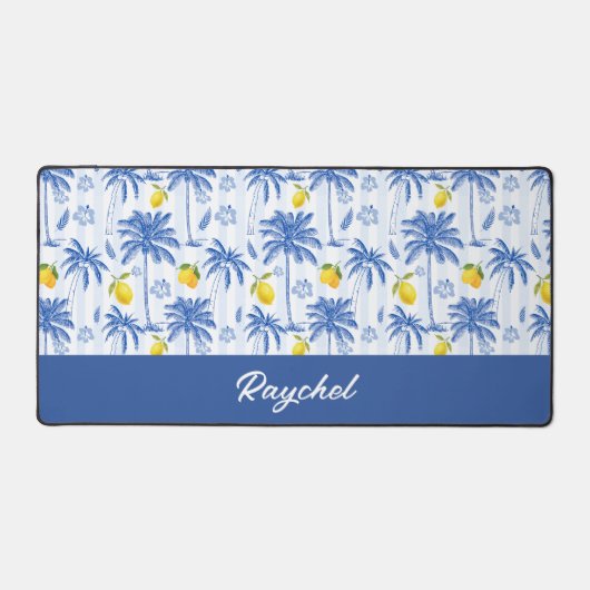 Blue Toile Palm Trees Lemons Monogram Name デスクマット (正面)