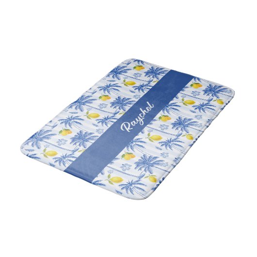 Blue Toile Palm Trees Lemons Monogram Name バスマット (アングル)