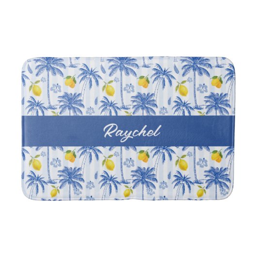 Blue Toile Palm Trees Lemons Monogram Name バスマット (正面)