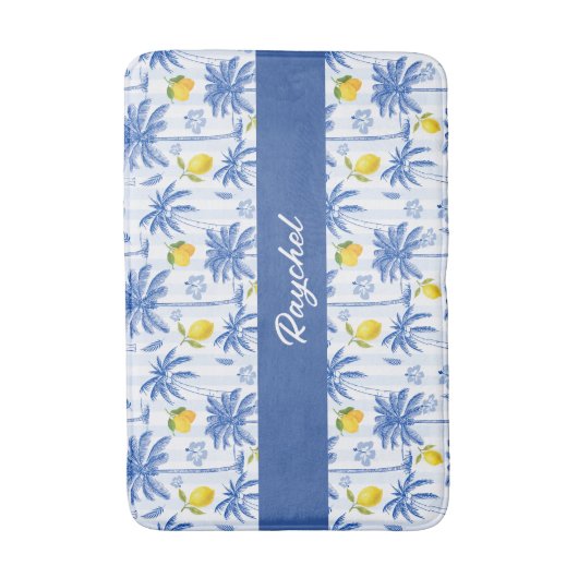 Blue Toile Palm Trees Lemons Monogram Name バスマット (正面縦)