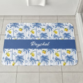 Blue Toile Palm Trees Lemons Monogram Name バスマット