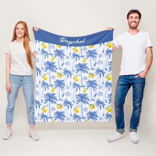 Blue Toile Palm Trees Lemons Monogram Name フリースブランケット (インサイチュ)