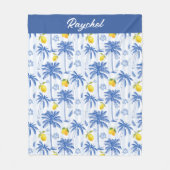 Blue Toile Palm Trees Lemons Monogram Name フリースブランケット (正面)