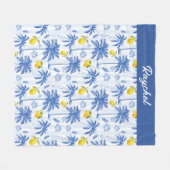 Blue Toile Palm Trees Lemons Monogram Name フリースブランケット (正面(横))