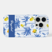 Blue Toile Palm Trees Lemons Monogram Name iPhoneケース (裏面横)