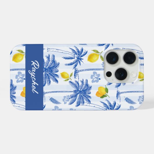 Blue Toile Palm Trees Lemons Monogram Name iPhoneケース (裏面横)