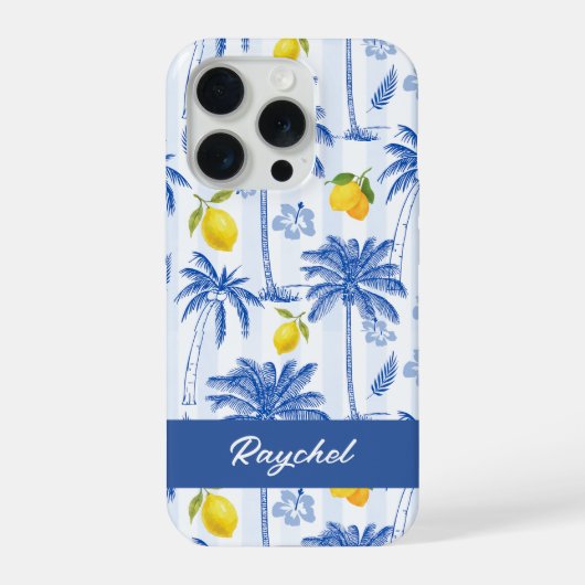 Blue Toile Palm Trees Lemons Monogram Name iPhoneケース (裏面)