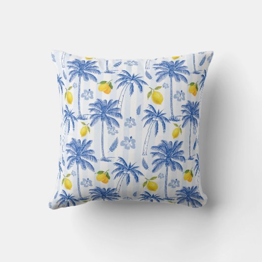 Blue Toile Palm Trees Lemons Pattern クッション (裏面)