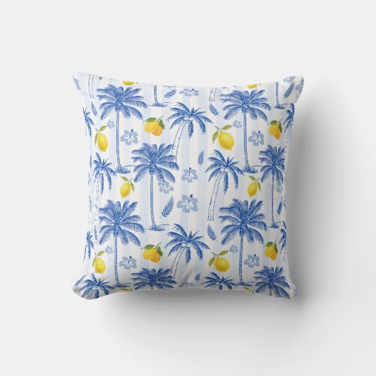 Blue Toile Palm Trees Lemons Pattern クッション (正面)