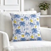 Blue Toile Palm Trees Lemons Pattern クッション