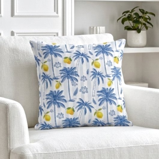 Blue Toile Palm Trees Lemons Pattern クッション