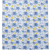 Blue Toile Palm Trees Lemons Pattern シャワーカーテン (正面)