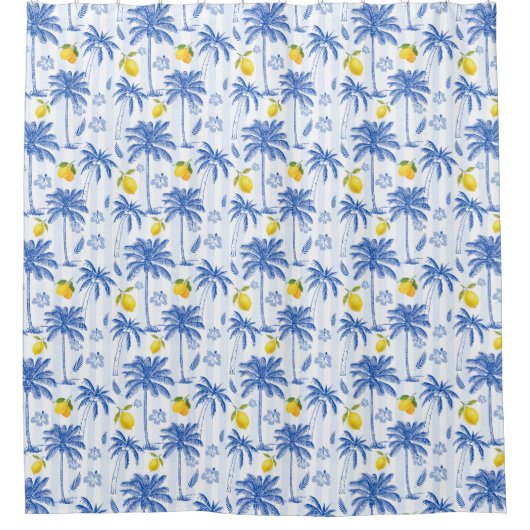 Blue Toile Palm Trees Lemons Pattern シャワーカーテン (正面)