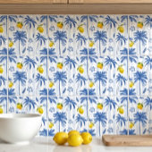Blue Toile Palm Trees Lemons Pattern タイル