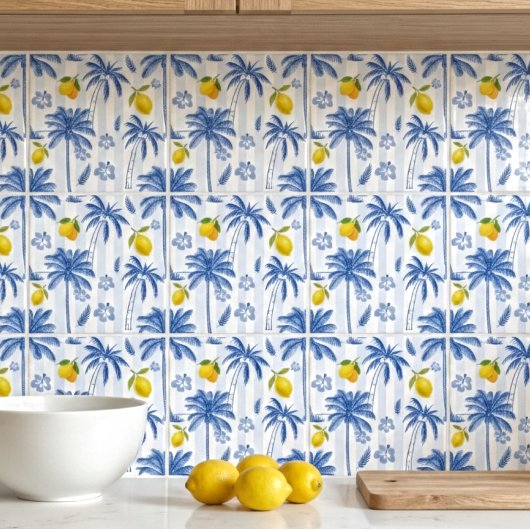 Blue Toile Palm Trees Lemons Pattern タイル