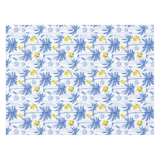 Blue Toile Palm Trees Lemons Pattern テーブルクロス (正面(横))