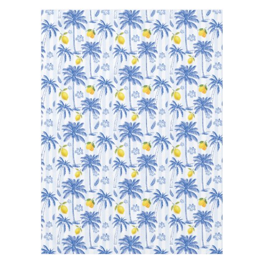 Blue Toile Palm Trees Lemons Pattern テーブルクロス (正面)