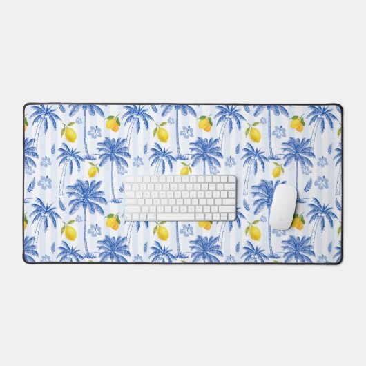 Blue Toile Palm Trees Lemons Pattern デスクマット (キーボード&マウス)
