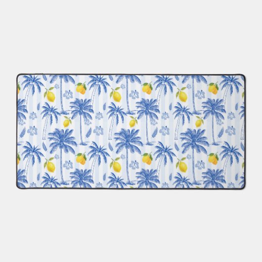 Blue Toile Palm Trees Lemons Pattern デスクマット (正面)