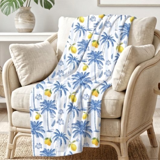 Blue Toile Palm Trees Lemons Pattern フリースブランケット
