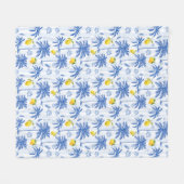 Blue Toile Palm Trees Lemons Pattern フリースブランケット (正面(横))
