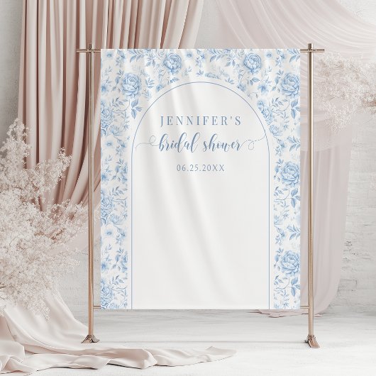 Blue Toile Porcelain Floral Bridal Shower Backdrop タペストリー