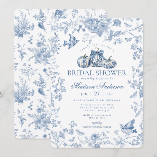 Blue Toile Pumpkin French Fall Bridal Shower 招待状 (正面/裏面)
