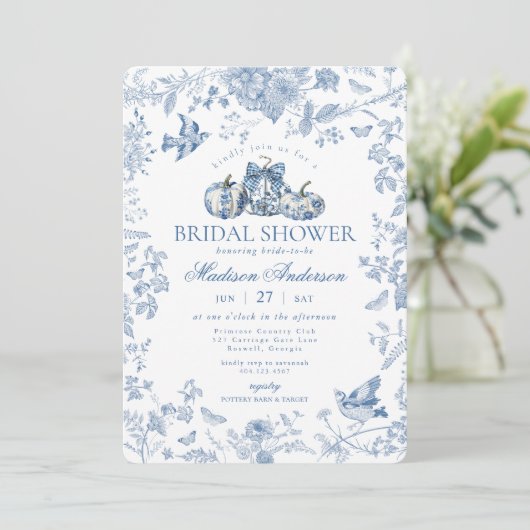 Blue Toile Pumpkin French Fall Bridal Shower 招待状 (スタンド正面)