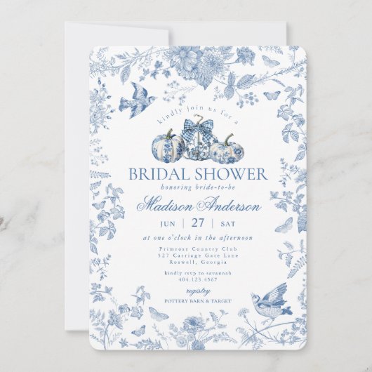 Blue Toile Pumpkin French Fall Bridal Shower 招待状 (正面)