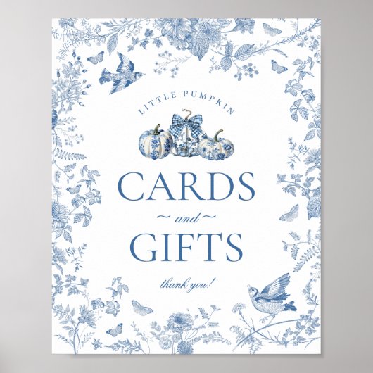 Blue Toile Pumpkin French Fall Cards & Gifts Sign ポスター (正面)